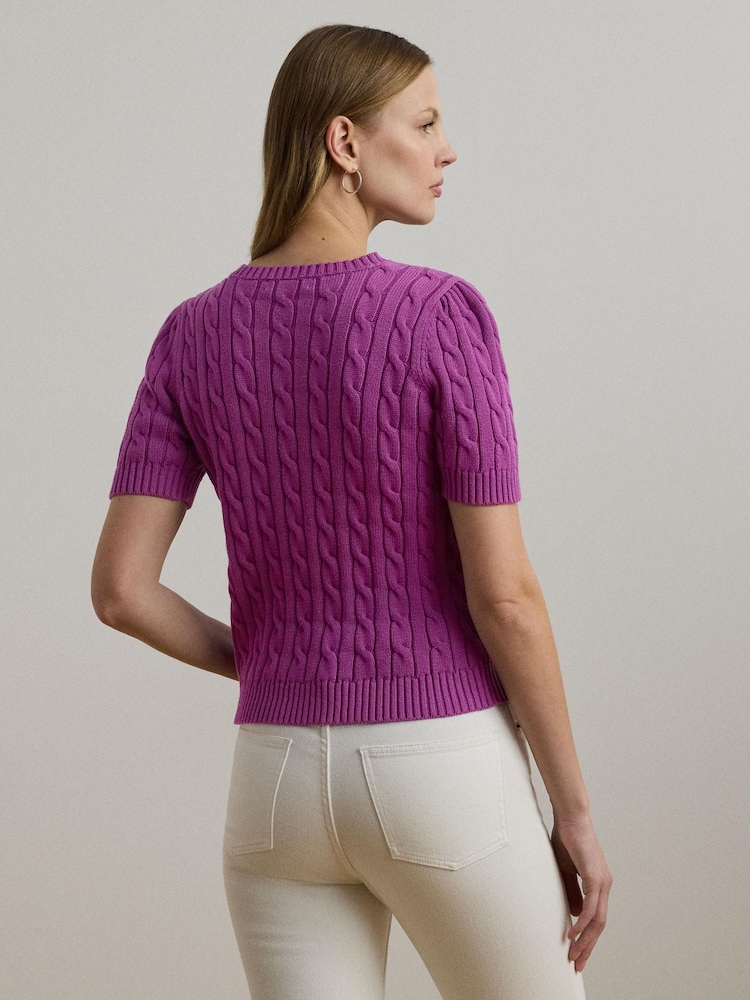 Lauren Ralph Lauren Purple Tarjyll Cable Knit Embroidered Logo Short Sleeve Knit Jumper - Image 2 of 9