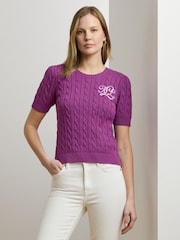 Lauren Ralph Lauren Purple Tarjyll Cable Knit Embroidered Logo Short Sleeve Knit Jumper - Image 5 of 9