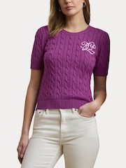 Lauren Ralph Lauren Purple Tarjyll Cable Knit Embroidered Logo Short Sleeve Knit Jumper - Image 7 of 9