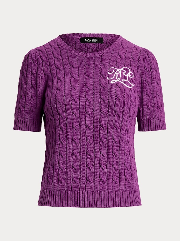 Lauren Ralph Lauren Purple Tarjyll Cable Knit Embroidered Logo Short Sleeve Knit Jumper - Image 9 of 9