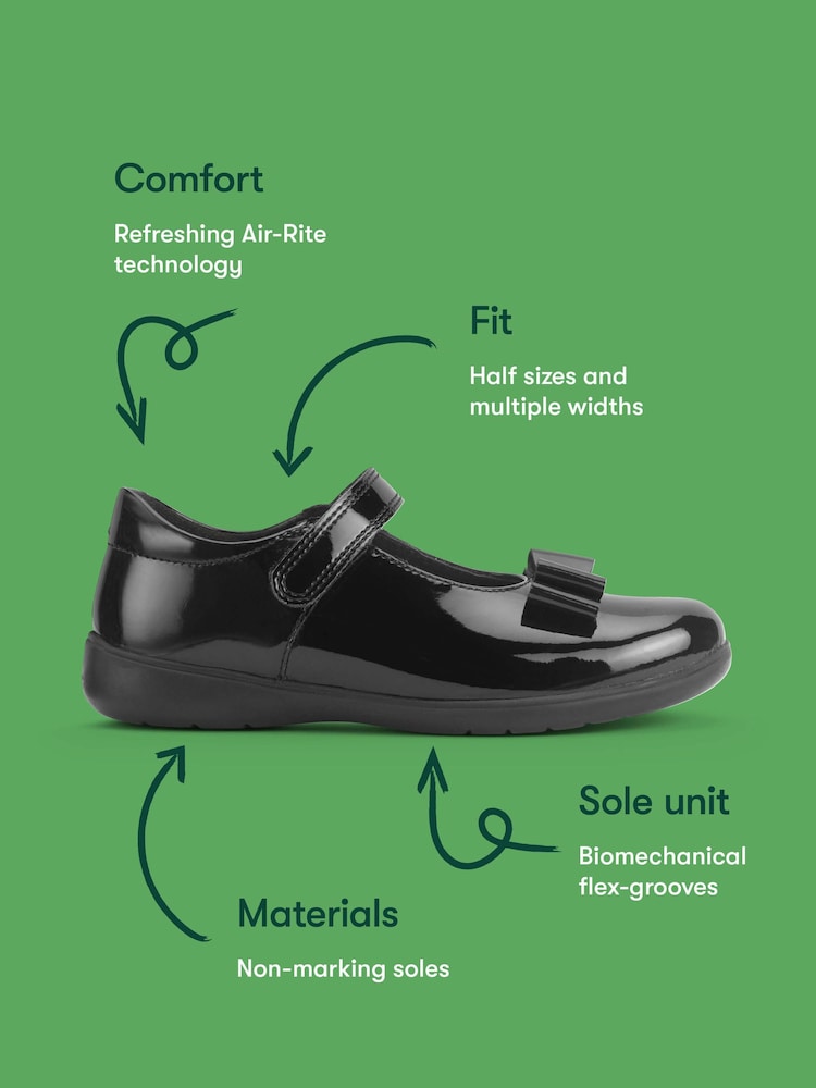 Start-Rite Black Patent Wide Fit Bella Shiny Mary Jane Bow Rip-Tape School Shoes - Image 6 of 6