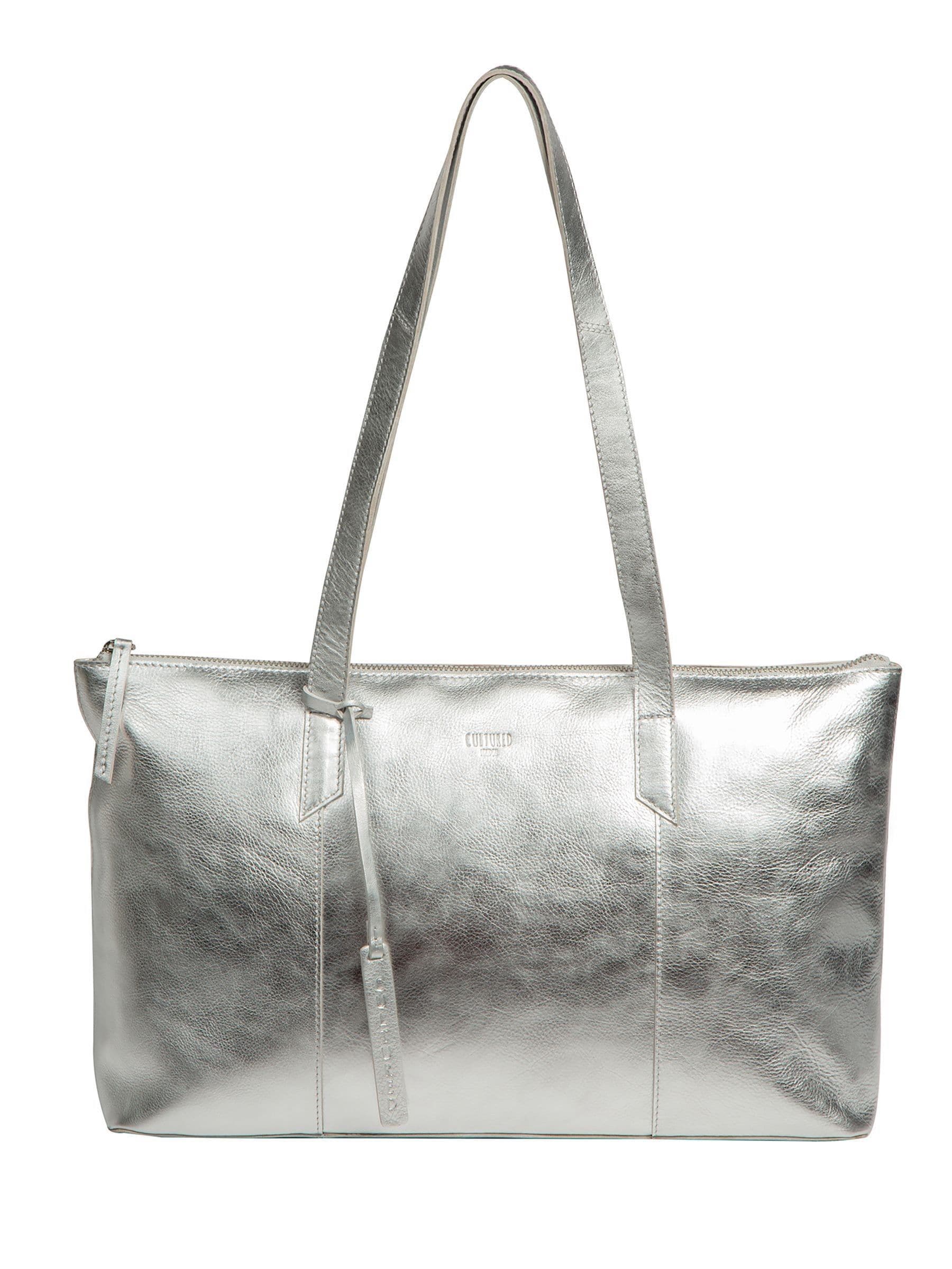 Buy Cultured London Metallic Silver Marlowe Leather Tote Bag from