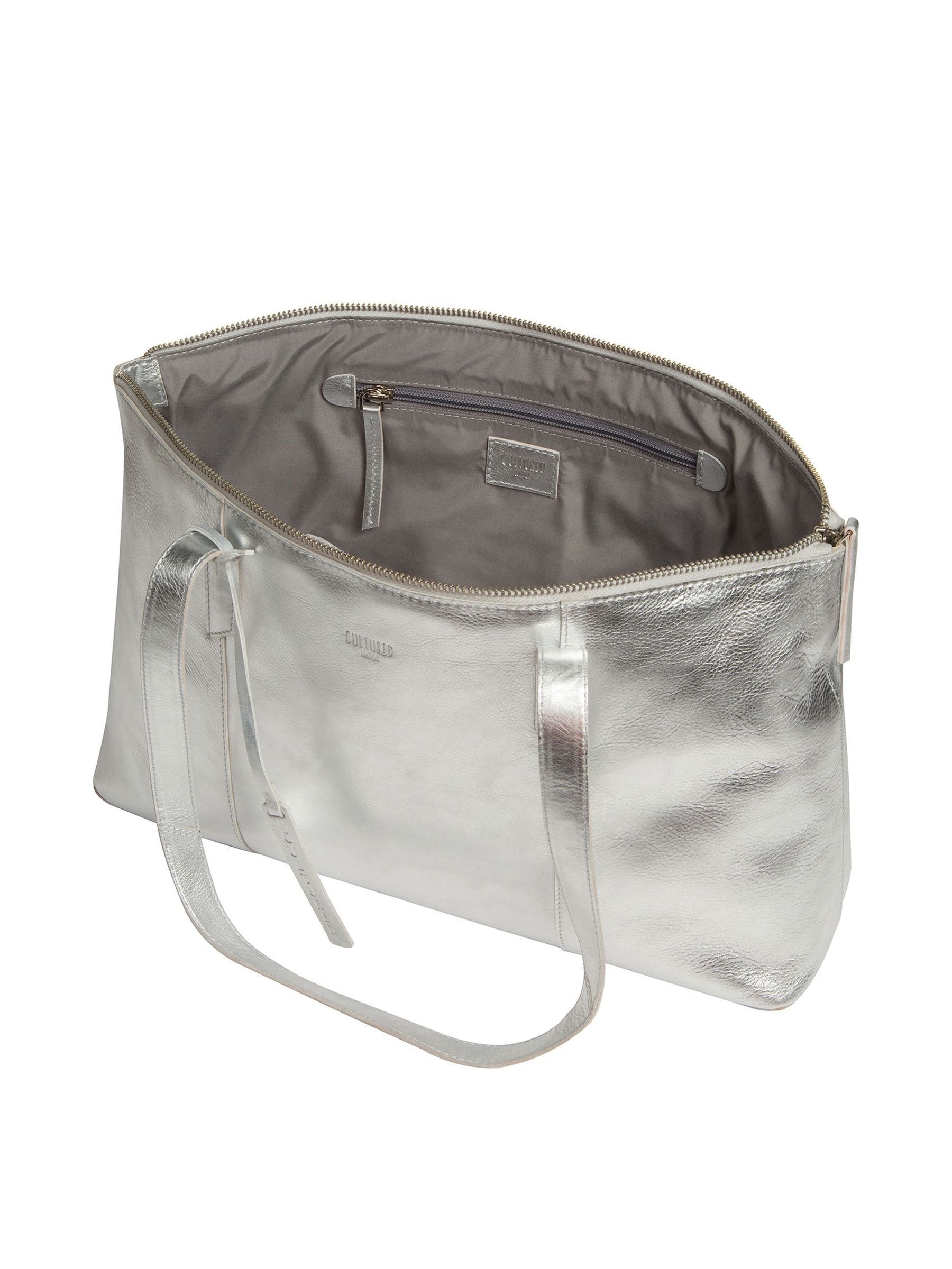 Buy Cultured London Metallic Silver Marlowe Leather Tote Bag from