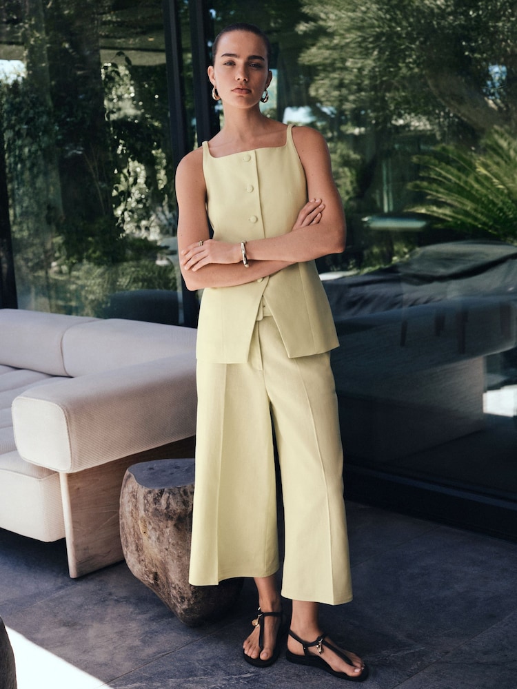 Lime Green Linen Rich Belted Culottes - Image 1 of 5 Lime Green Linen Rich Belted Culottes - Image 1 of 5