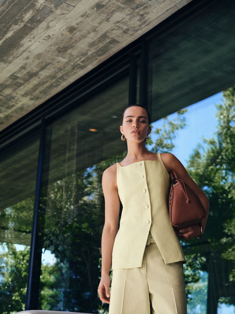 Lime Green Linen Rich Belted Culottes - Image 2 of 5 Lime Green Linen Rich Belted Culottes - Image 2 of 5