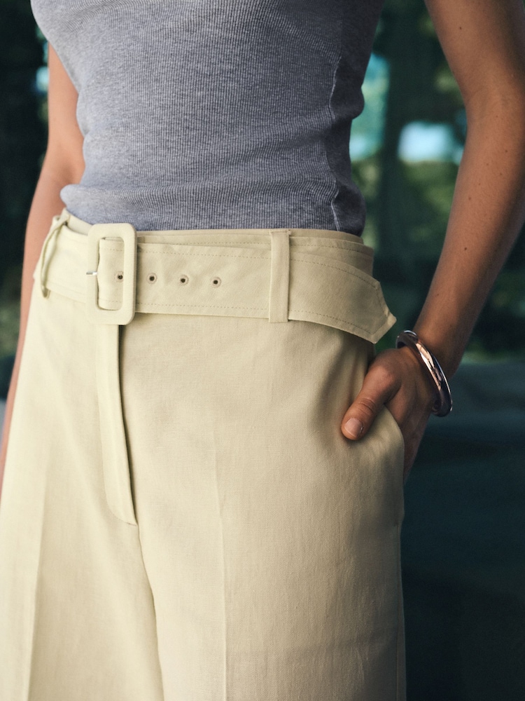 Lime Green Linen Rich Belted Culottes - Image 5 of 5 Lime Green Linen Rich Belted Culottes - Image 5 of 5