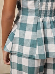 Teal Blue Gingham Linen Rich Peplum Top - Image 5 of 8