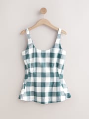 Teal Blue Gingham Linen Rich Peplum Top - Image 6 of 8