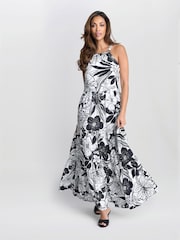Gina Bacconi Dina Halter Crepe Printed Maxi Black Dress - Image 1 of 5