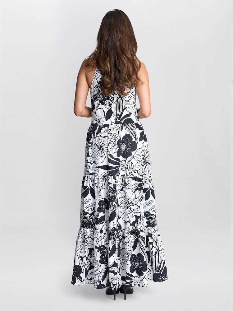 Gina Bacconi Dina Halter Crepe Printed Maxi Black Dress - Image 2 of 5