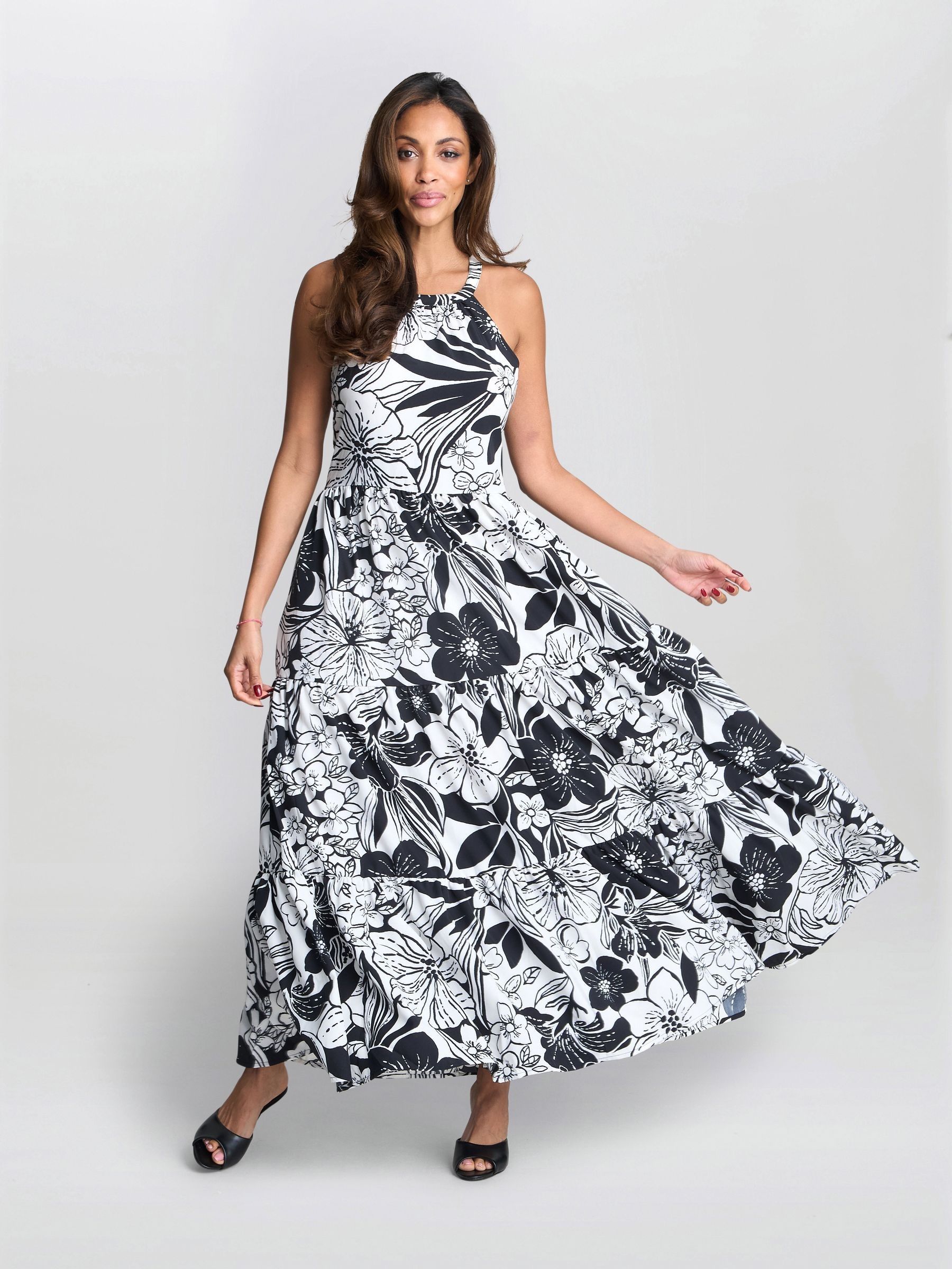 【海外限定】GinaBacconi ドレス☆Dina Halter Crepe Printed Ma Buy Gina Bacconi Dina Halter Crepe Printed Maxi Black Dress