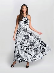 Gina Bacconi Dina Halter Crepe Printed Maxi Black Dress - Image 3 of 5