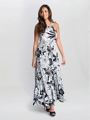 Gina Bacconi Dina Halter Crepe Printed Maxi Black Dress - Image 5 of 5