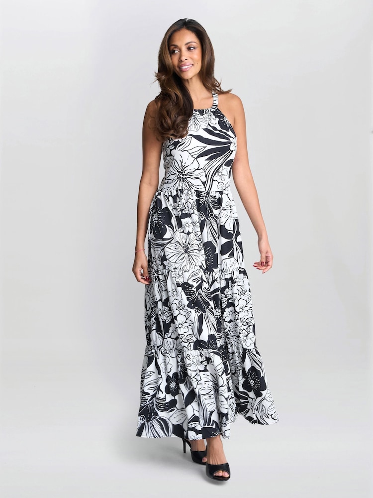 Gina Bacconi Dina Halter Crepe Printed Maxi Black Dress - Image 5 of 5