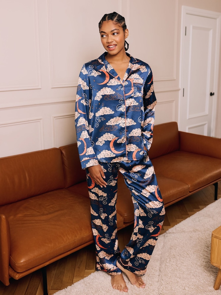 Their Nibs Blue Blue Moon Satin Traditional Pyjamas Set - Image 1 of 4 Their Nibs Blue Blue Moon Satin Traditional Pyjamas Set - Image 1 of 4