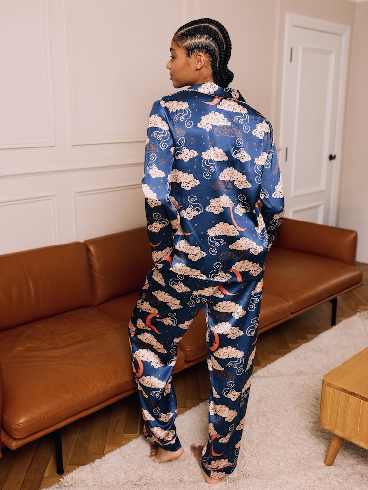 Their Nibs Blue Blue Moon Satin Traditional Pyjamas Set - Image 4 of 4 Their Nibs Blue Blue Moon Satin Traditional Pyjamas Set - Image 4 of 4