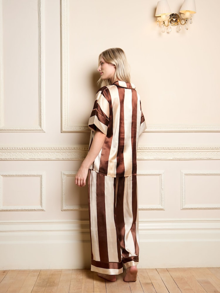 Their Nibs Brown Stripe Recycled Satin Oversized Long Pyjamas Set - Image 2 of 4