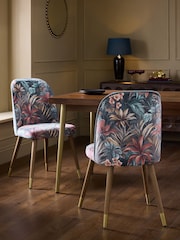 Set of 2 Opulent Velvet Bold Chic Tropical Print Valencia Upholstered Dark Wood Leg Dining Chairs - Image 1 of 6