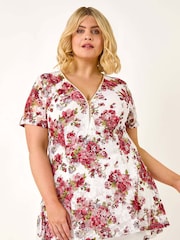 Roman Red Curve Floral Print Lace Zip Front Blouse - Image 1 of 5