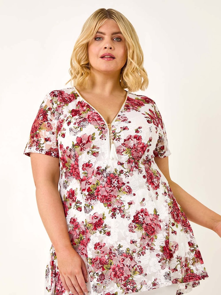 Roman Red Curve Floral Print Lace Zip Front Blouse - Image 1 of 5