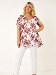 Roman Red Curve Floral Print Lace Zip Front Blouse - Image 2 of 5