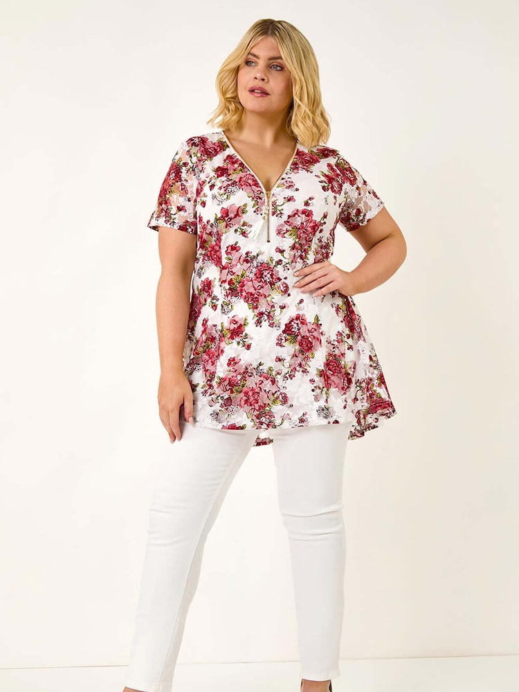 Roman Red Curve Floral Print Lace Zip Front Blouse - Image 2 of 5