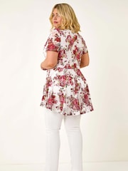 Roman Red Curve Floral Print Lace Zip Front Blouse - Image 3 of 5