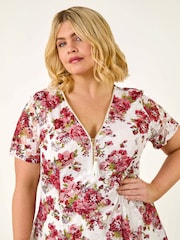 Roman Red Curve Floral Print Lace Zip Front Blouse - Image 4 of 5