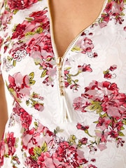 Roman Red Curve Floral Print Lace Zip Front Blouse - Image 5 of 5