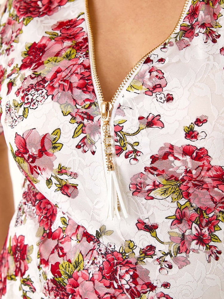 Roman Red Curve Floral Print Lace Zip Front Blouse - Image 5 of 5