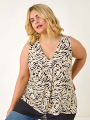 Roman Black Curve Animal Print Chiffon Hem Vest Top - Image 1 of 5