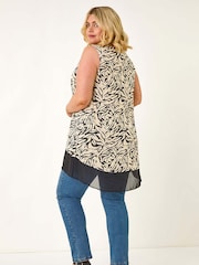 Roman Black Curve Animal Print Chiffon Hem Vest Top - Image 3 of 5