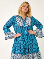 Roman Blue Curve Contrast Print V-Neck Midi Dress - Image 1 of 5