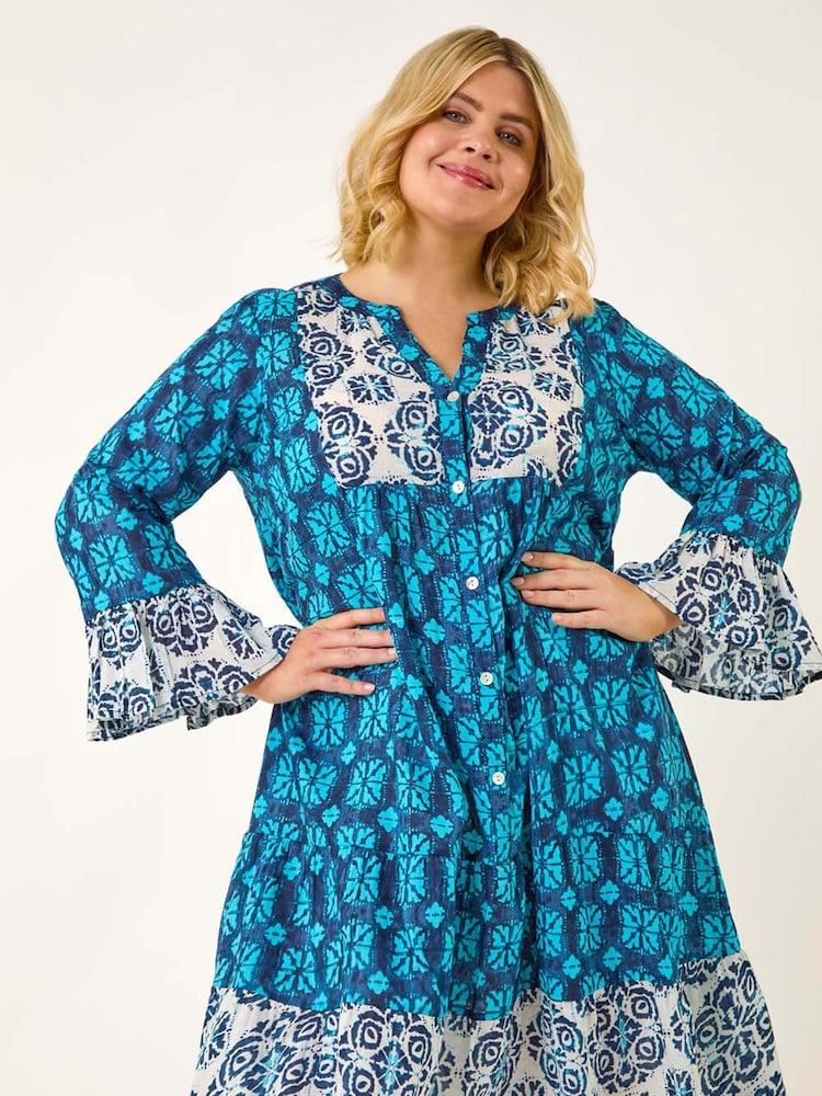Roman Blue Curve Contrast Print V-Neck Midi Dress - Image 1 of 5