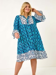 Roman Blue Curve Contrast Print V-Neck Midi Dress - Image 2 of 5