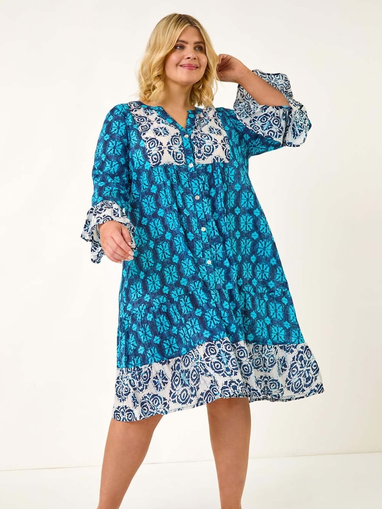 Roman Blue Curve Contrast Print V-Neck Midi Dress - Image 2 of 5