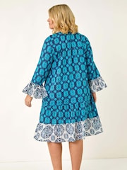 Roman Blue Curve Contrast Print V-Neck Midi Dress - Image 3 of 5