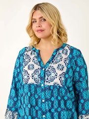 Roman Blue Curve Contrast Print V-Neck Midi Dress - Image 4 of 5