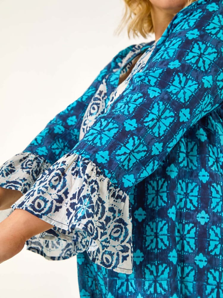 Roman Blue Curve Contrast Print V-Neck Midi Dress - Image 5 of 5