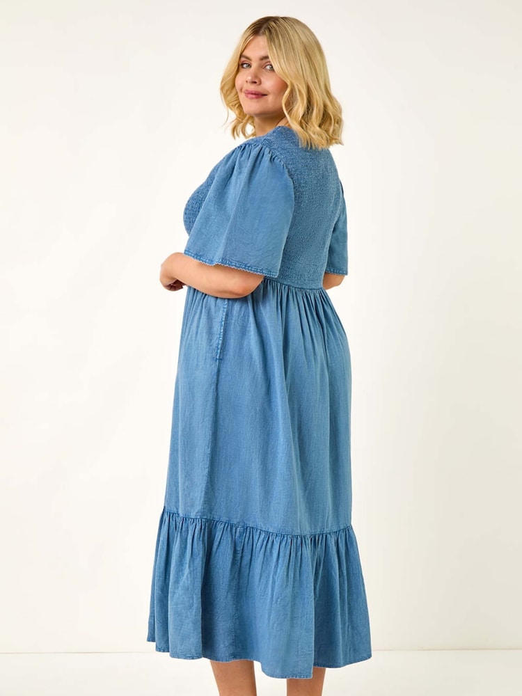 denim curve dress Womens Roman Blue Curve Denim Shirred Midi Dress US 26-28