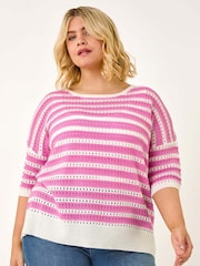 Roman Pink Curve Crochet Stripe Knit Top - Image 1 of 5