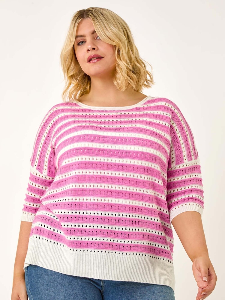 Roman Pink Curve Crochet Stripe Knit Top - Image 1 of 5
