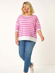 Roman Pink Curve Crochet Stripe Knit Top - Image 2 of 5