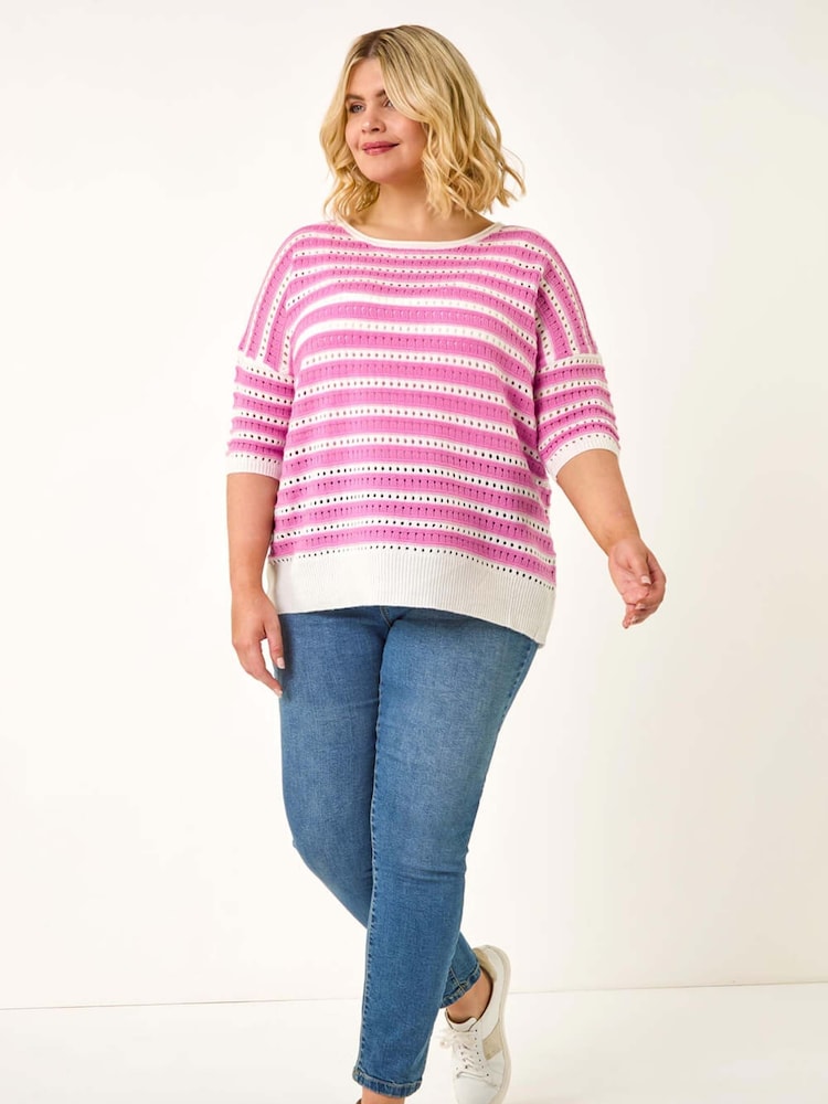 Roman Pink Curve Crochet Stripe Knit Top - Image 2 of 5