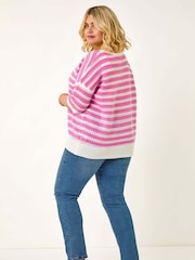 Roman Pink Curve Crochet Stripe Knit Top - Image 3 of 5