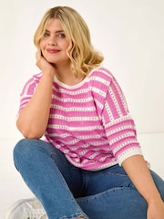Roman Pink Curve Crochet Stripe Knit Top - Image 4 of 5