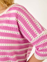 Roman Pink Curve Crochet Stripe Knit Top - Image 5 of 5