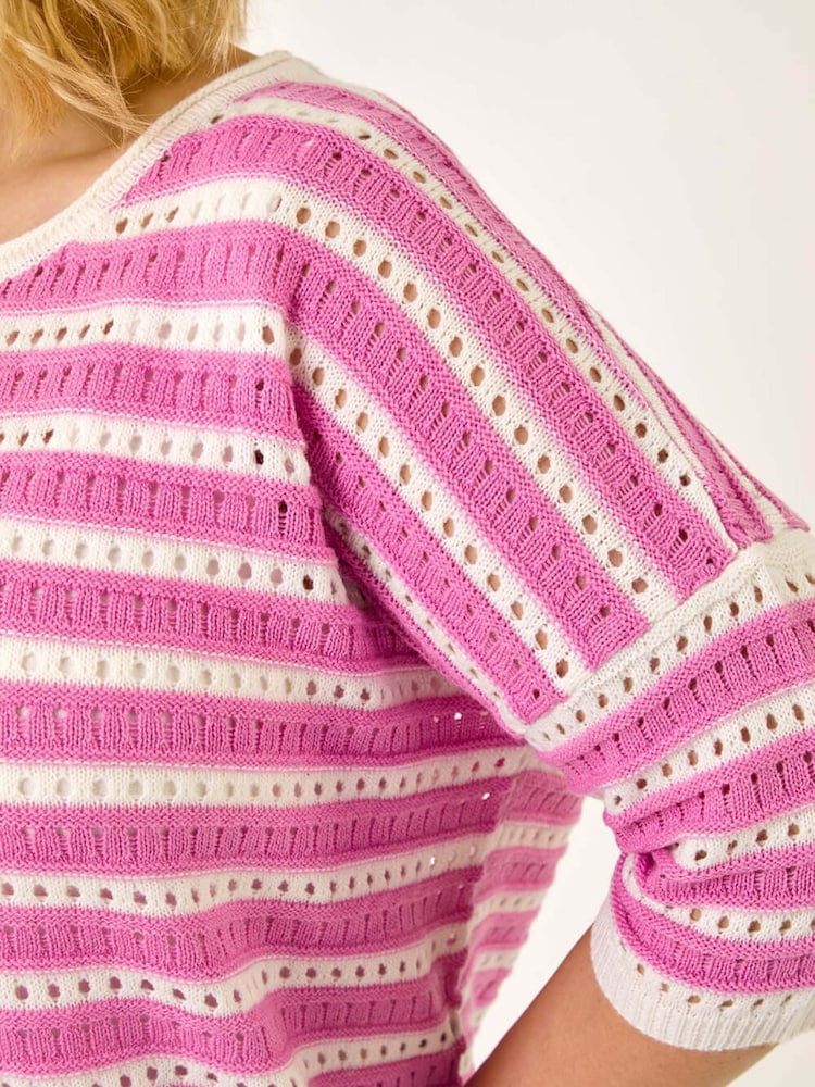 Roman Pink Curve Crochet Stripe Knit Top - Image 5 of 5