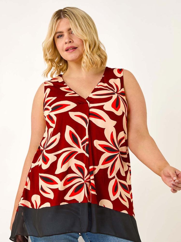 Roman Red Curve Floral Print Chiffon Hem Vest Top - Image 1 of 5