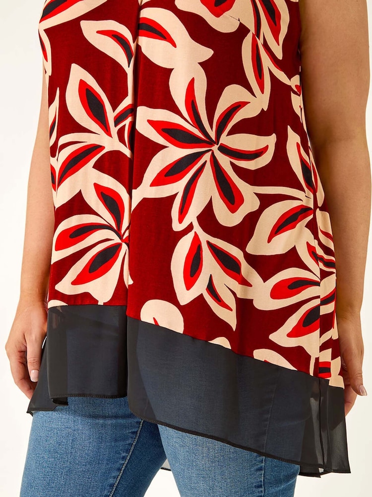 Roman Red Curve Floral Print Chiffon Hem Vest Top - Image 5 of 5